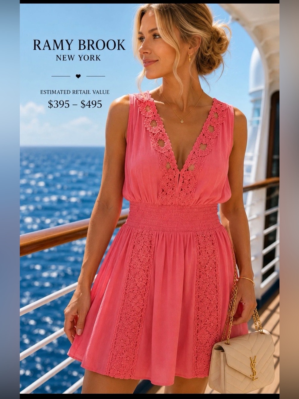 Ramy Brook Luxury Coral Pink Crochet Mini Dress Designer Summer Resort Vaca $495
